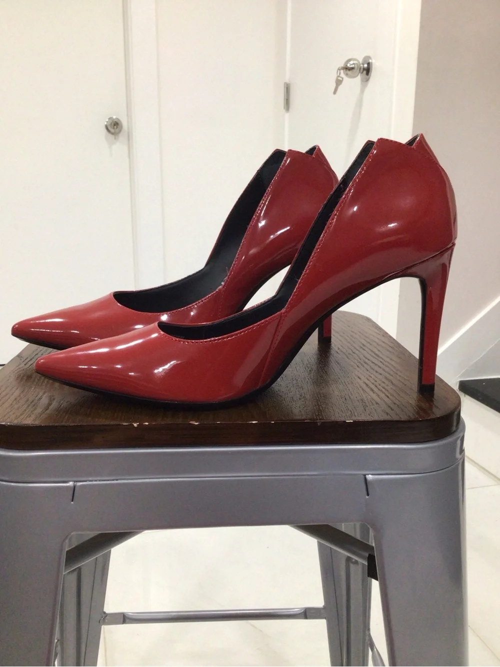 Calvin Klein Red Patent Pointed-Toe Pumps with Stiletto Heel